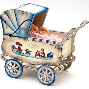 1:6 Miniature Vintage Pram, Hand painted Buggy for Doll, Antique Stroller.
